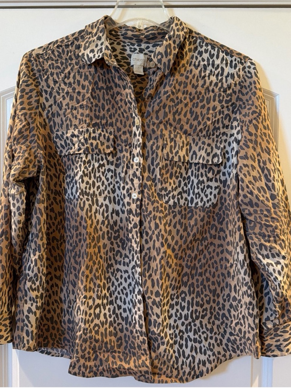Chico's Tan, Black and Cream Leopard Print Button-Down Shirt